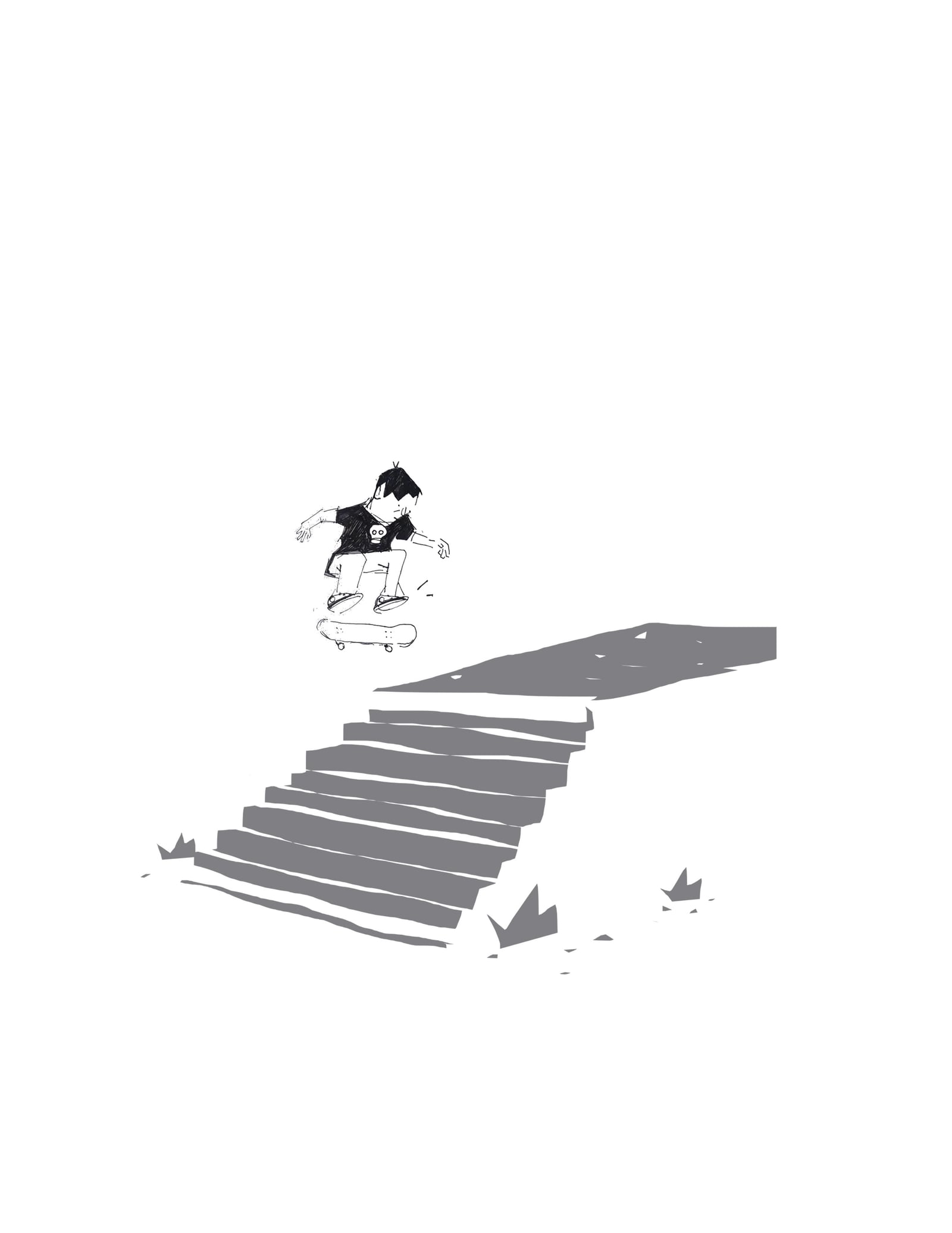 Line illustration of a skateboarder jumping down a set of stairs