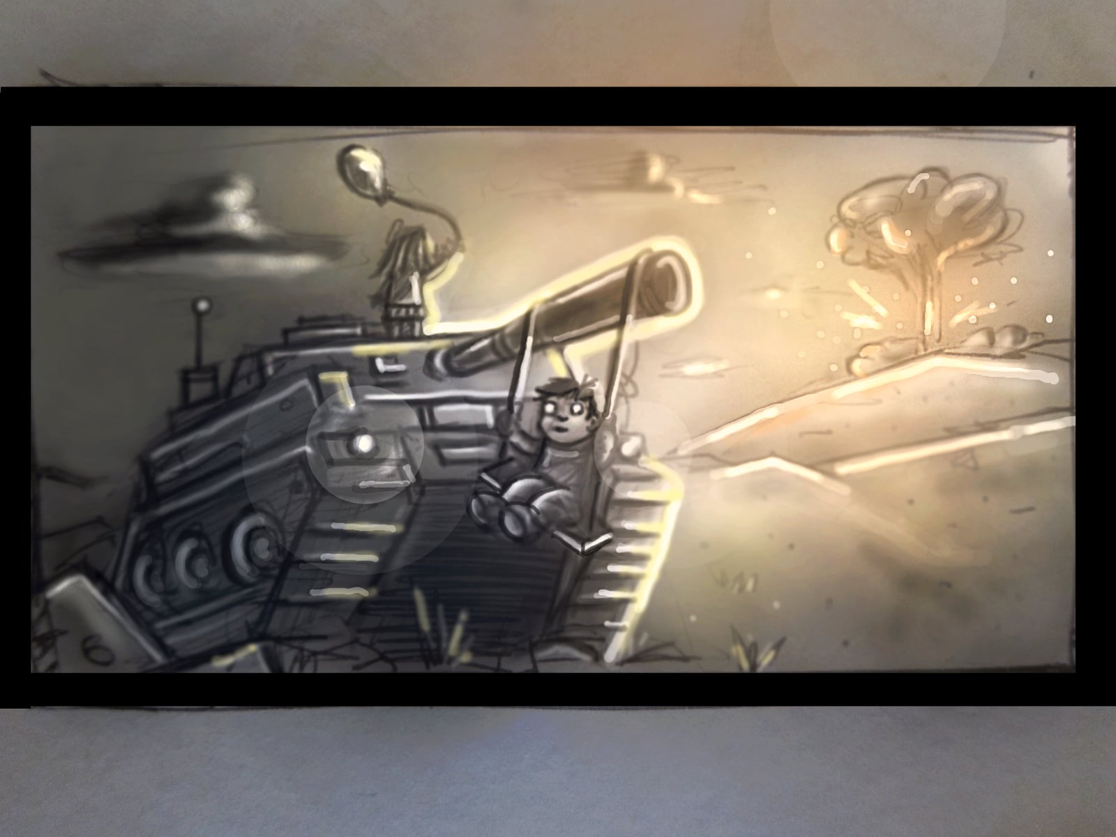 Sepia illustration of a boy swinging from a tank cannon near an explosion