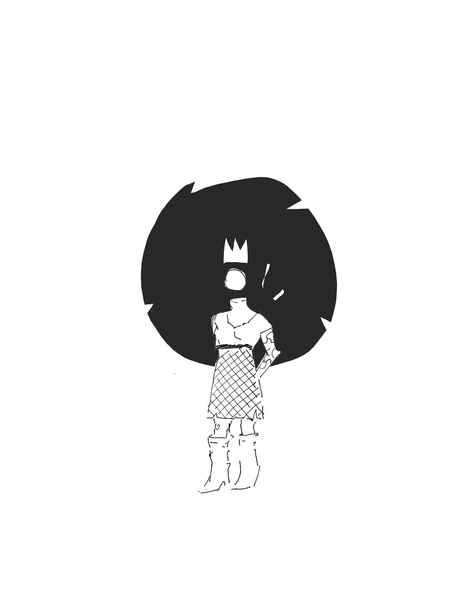Line illustration of a faceless crowned figure in a fishnet dress