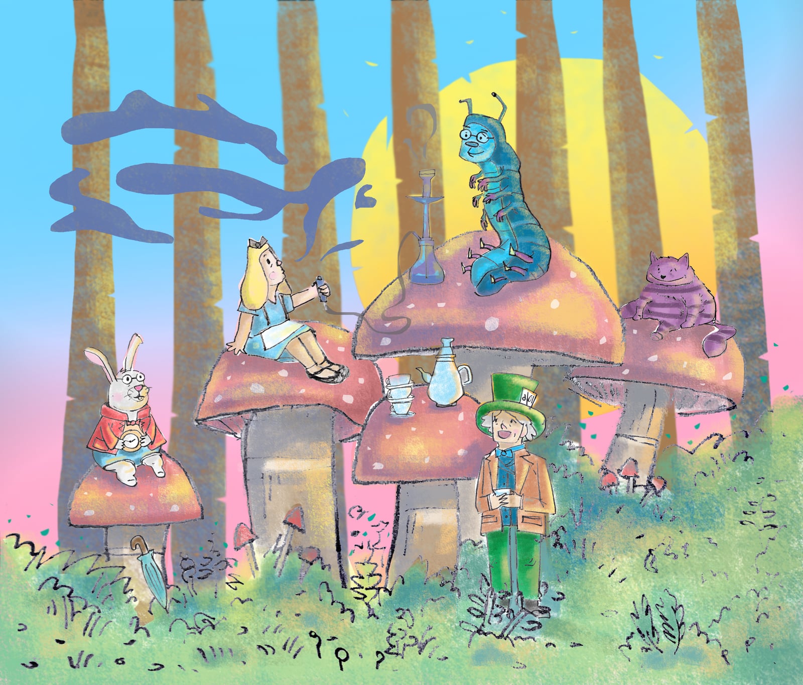 Colorful illustration of an Alice in Wonderland tea party scene