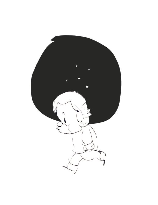 Ink illustration of a boy walking at night under a dark starry shape
