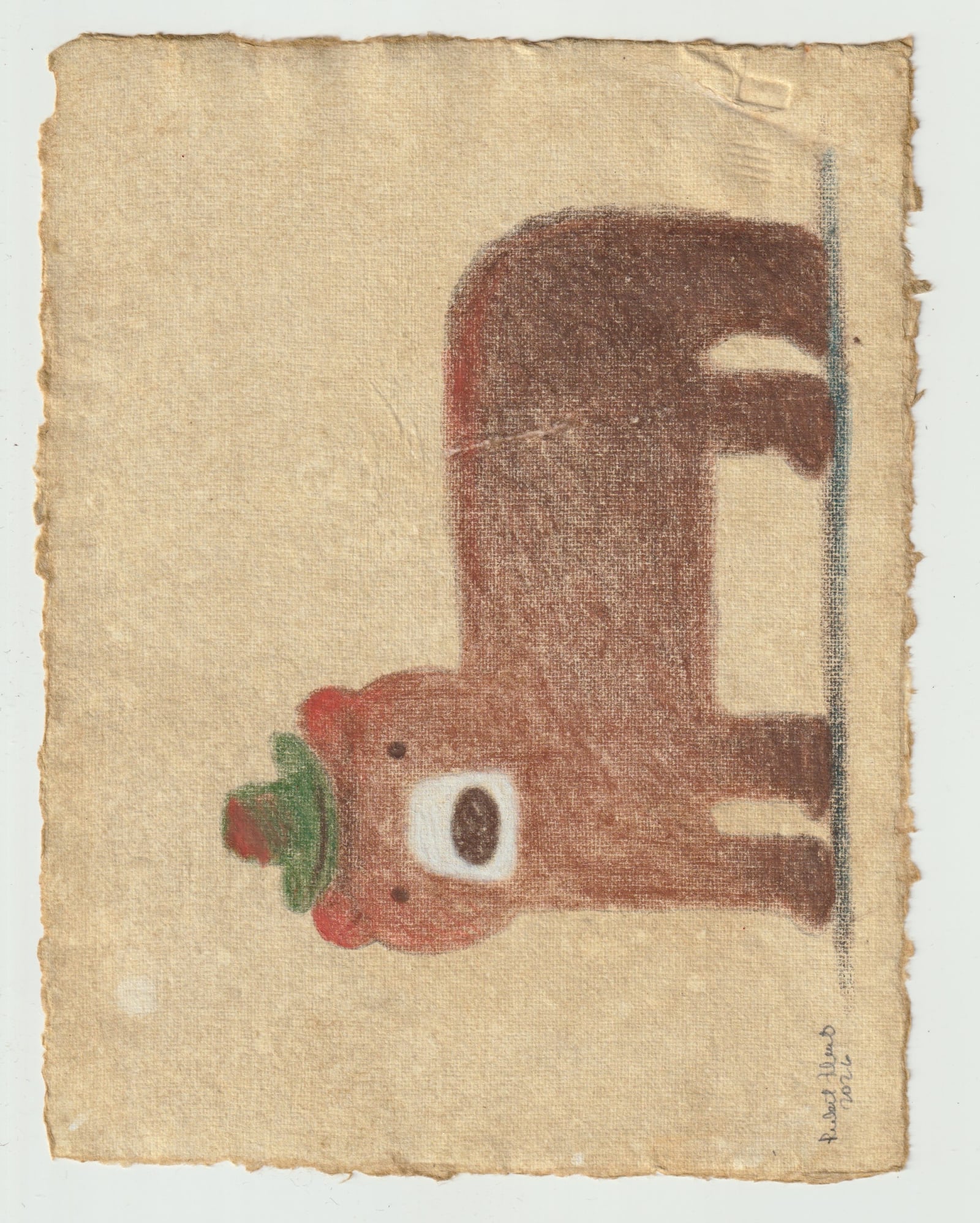 Colored pencil drawing of a bear wearing a green hat