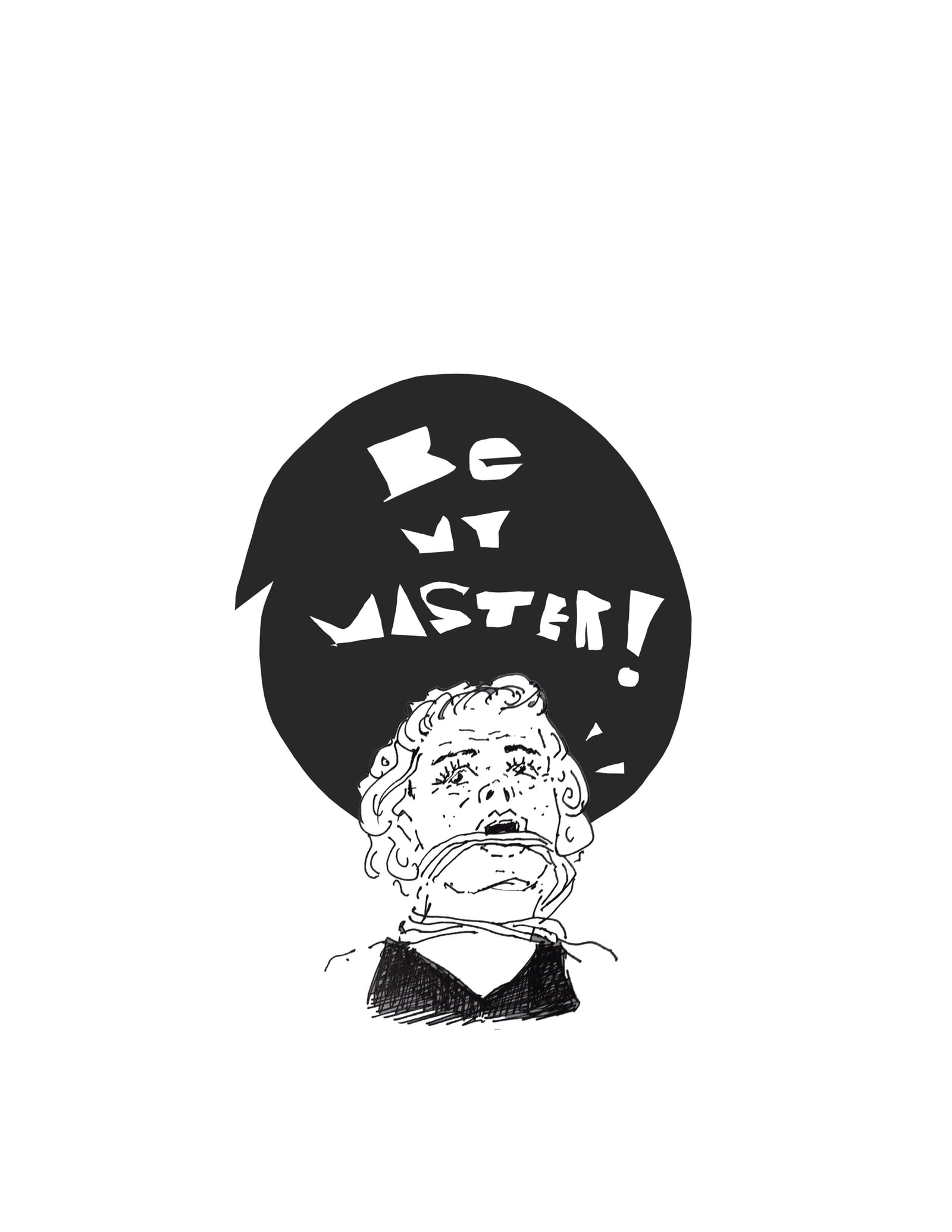 Ink illustration of a bound figure with a Be My Master speech bubble