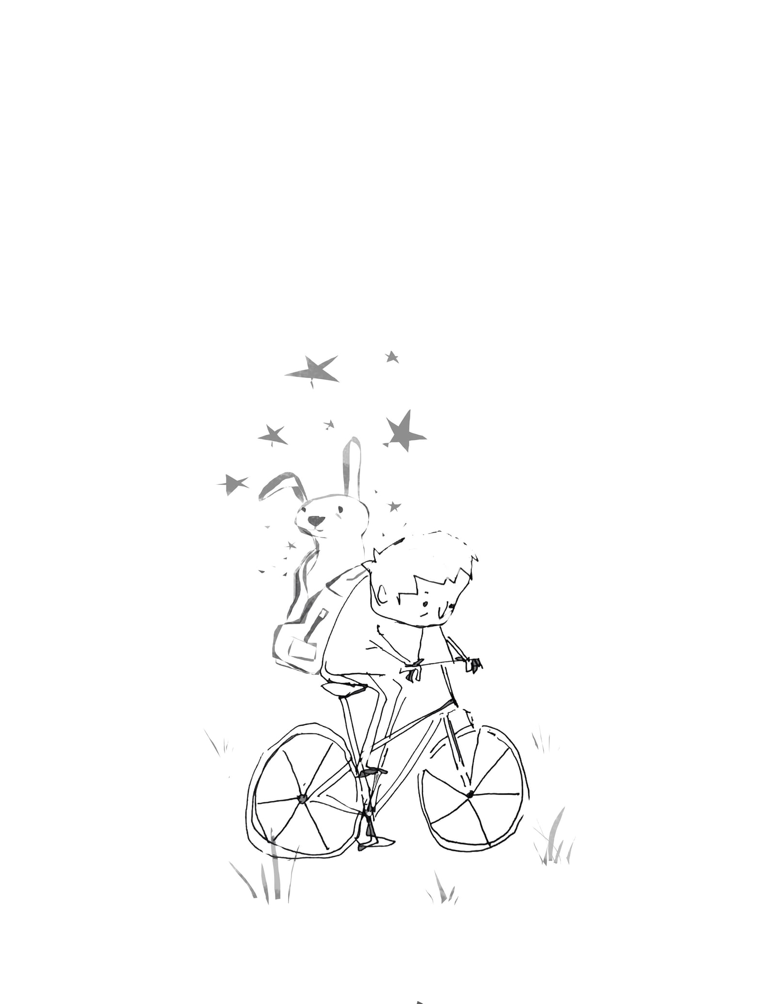 Line illustration of a boy riding a bike with a rabbit in his backpack