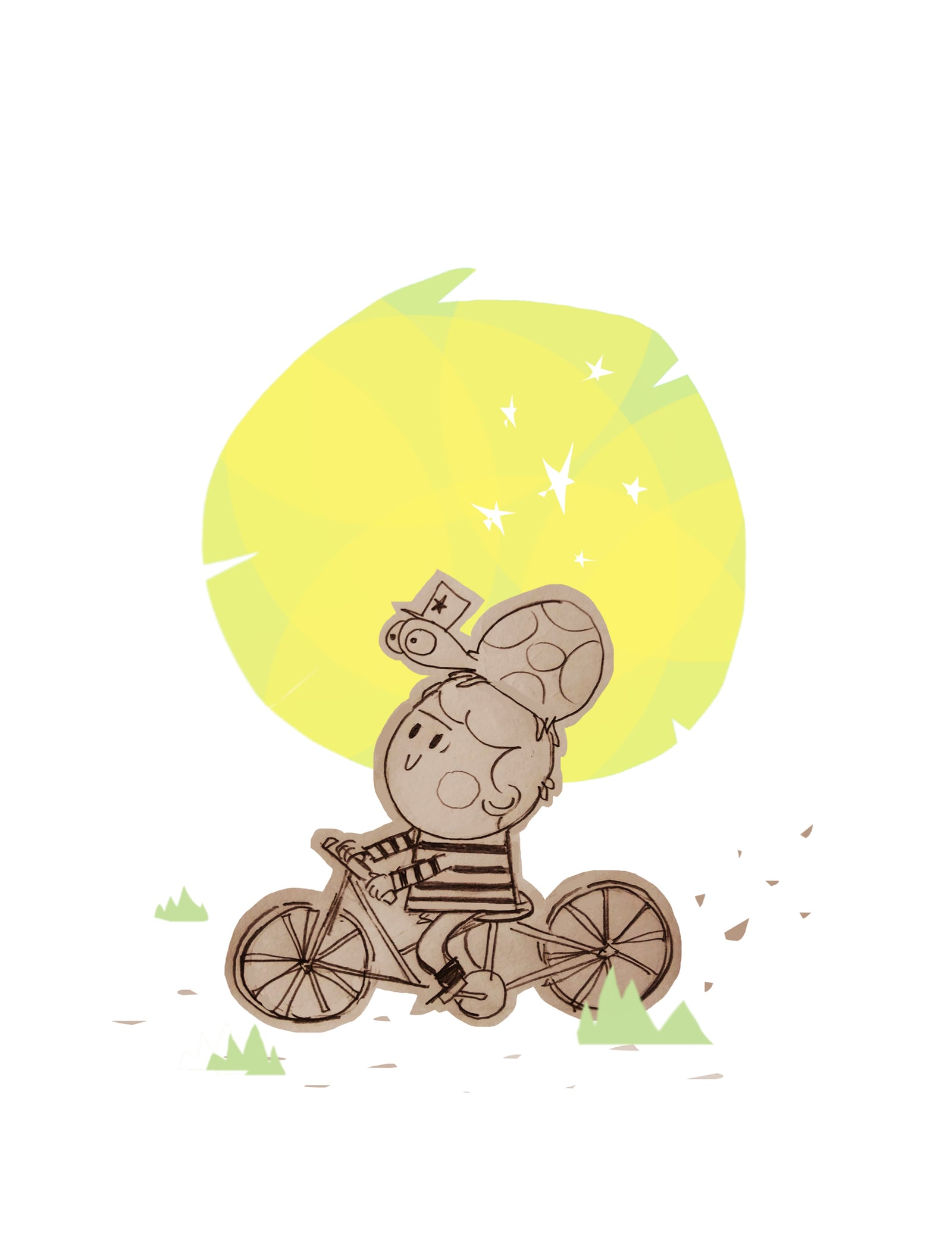 Cut-paper style illustration of a child biking with a turtle on their head