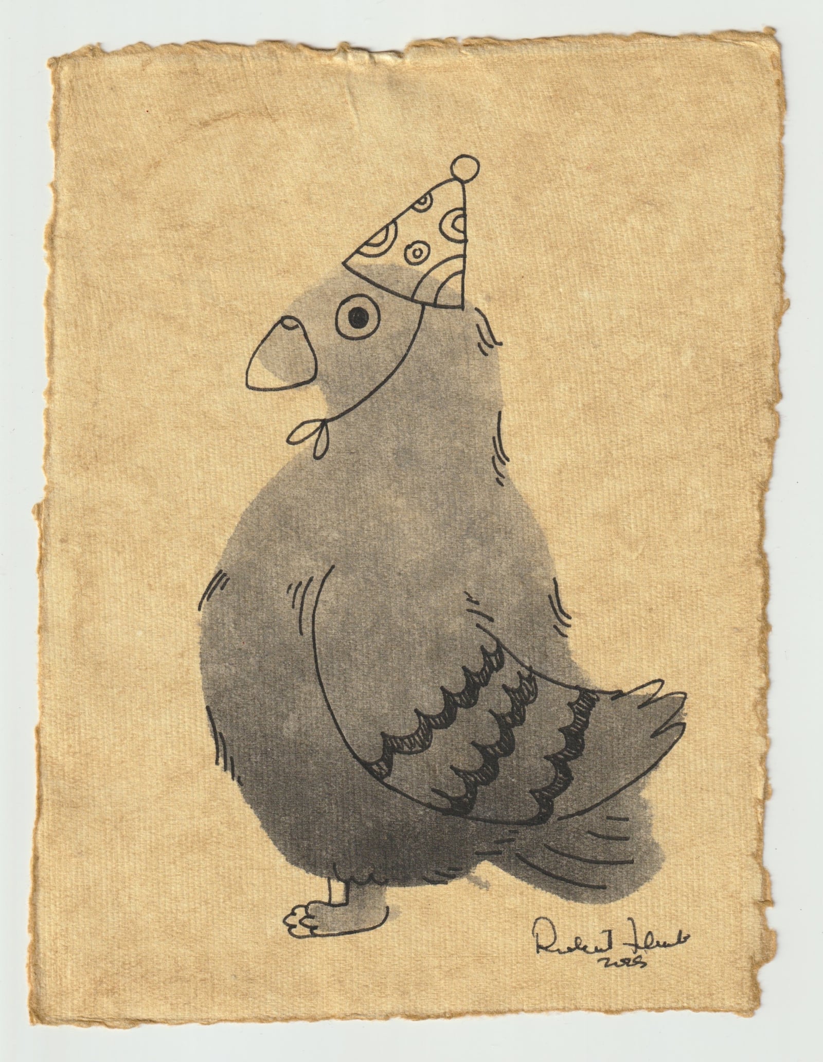 Ink wash illustration of a pigeon wearing a party hat