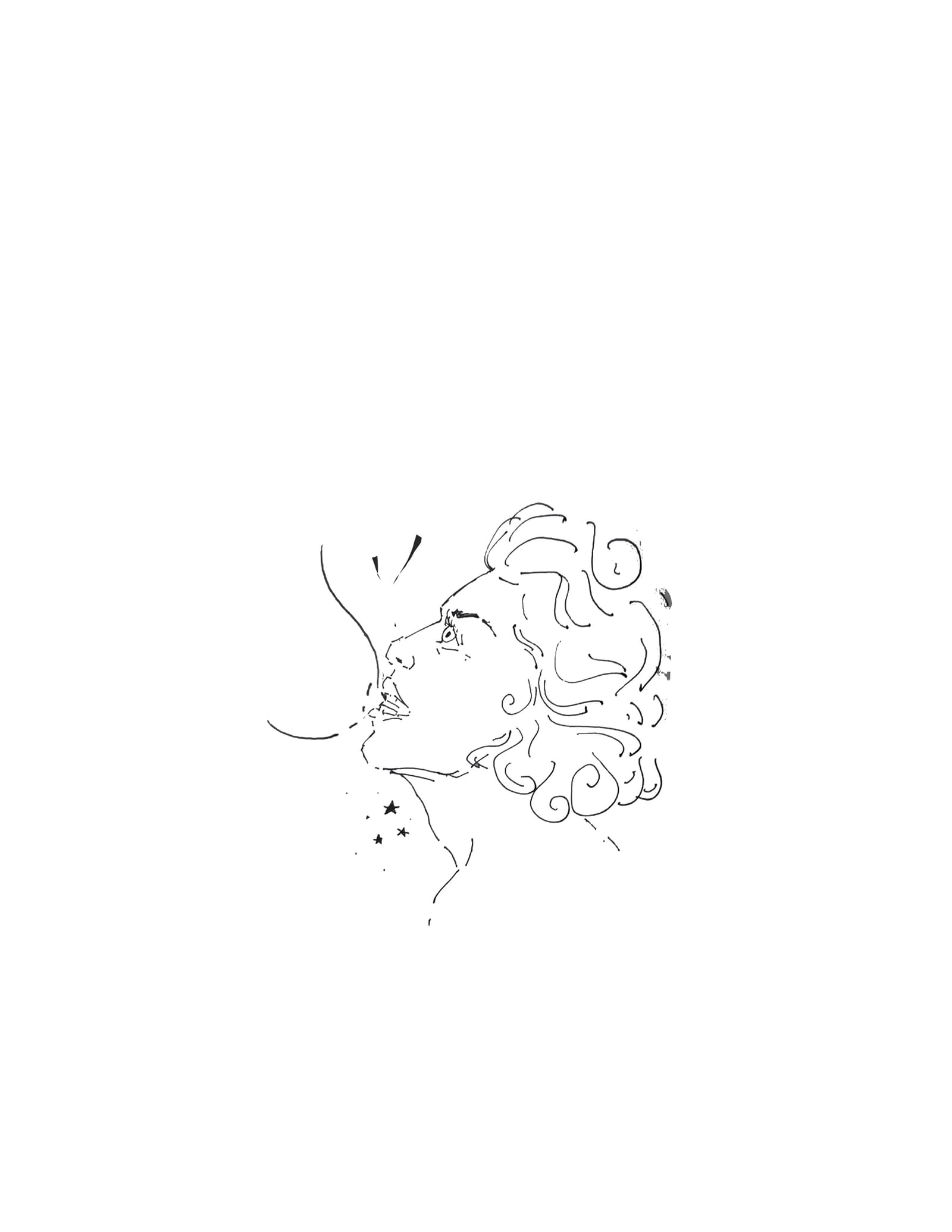 Minimal ink line drawing of a curly-haired figure looking upward