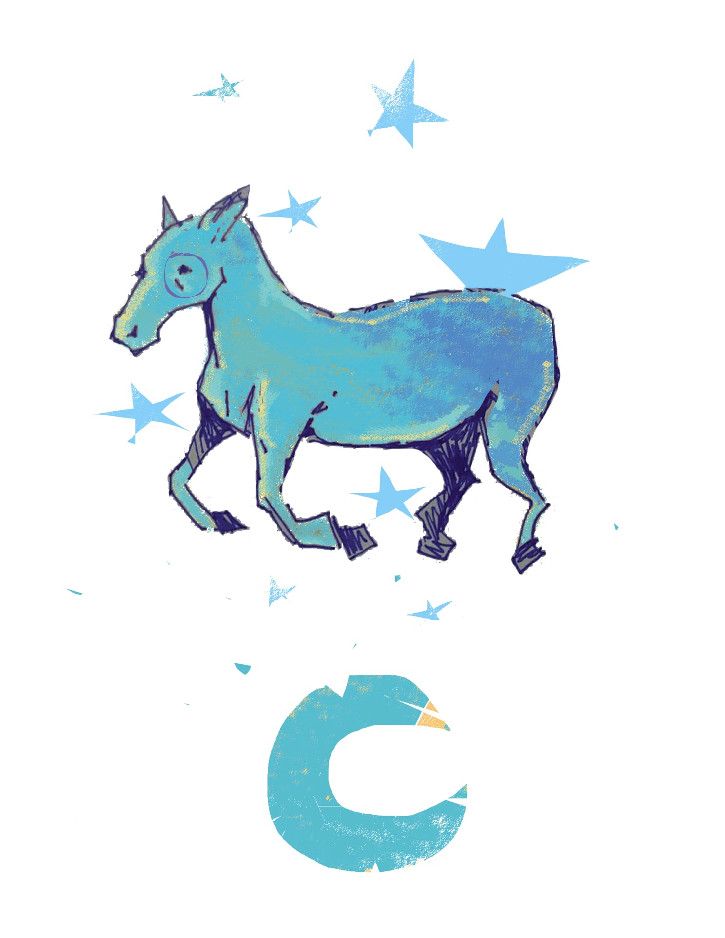 Textured blue illustration of a horse surrounded by stars