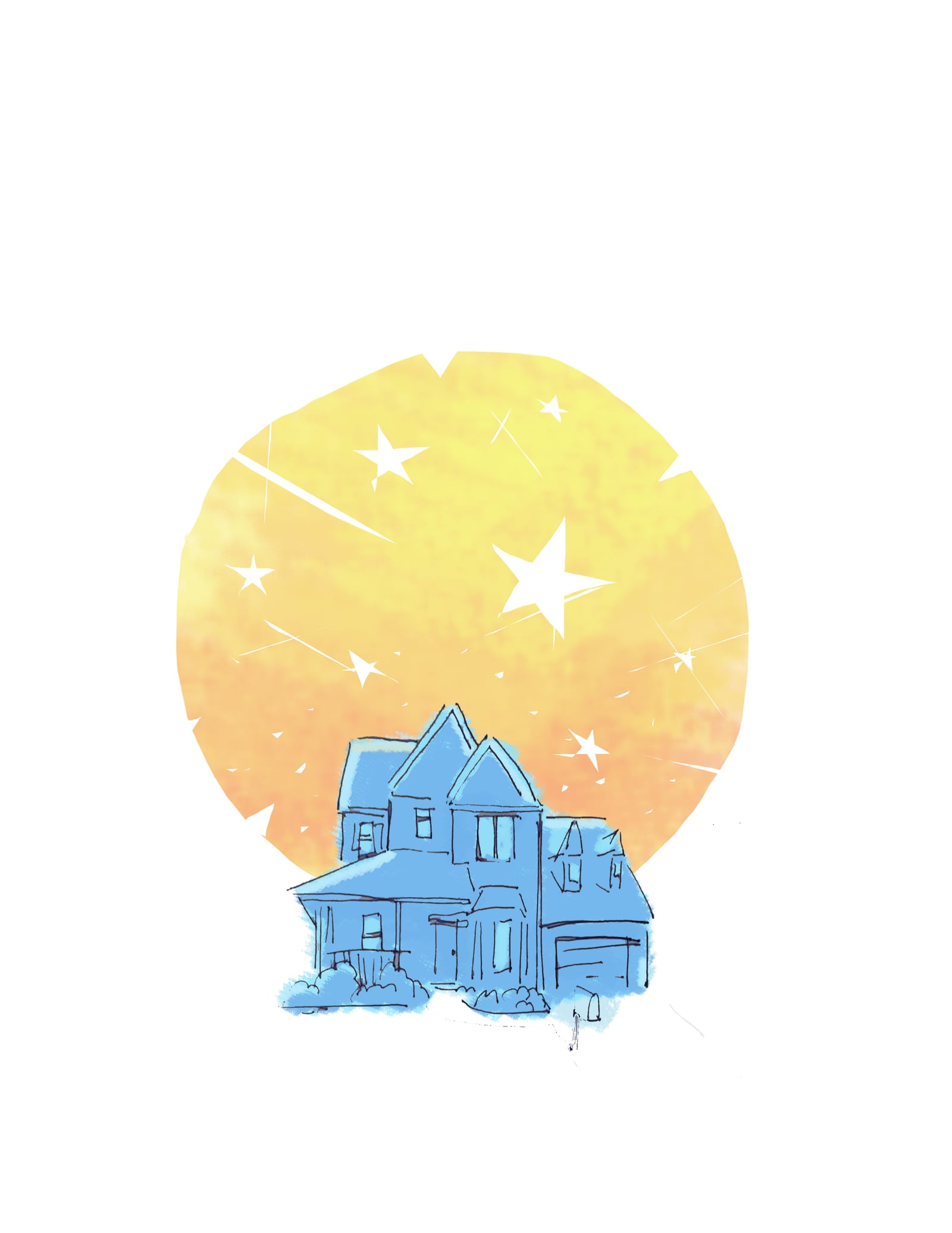 Illustration of a blue house silhouette against a glowing sun