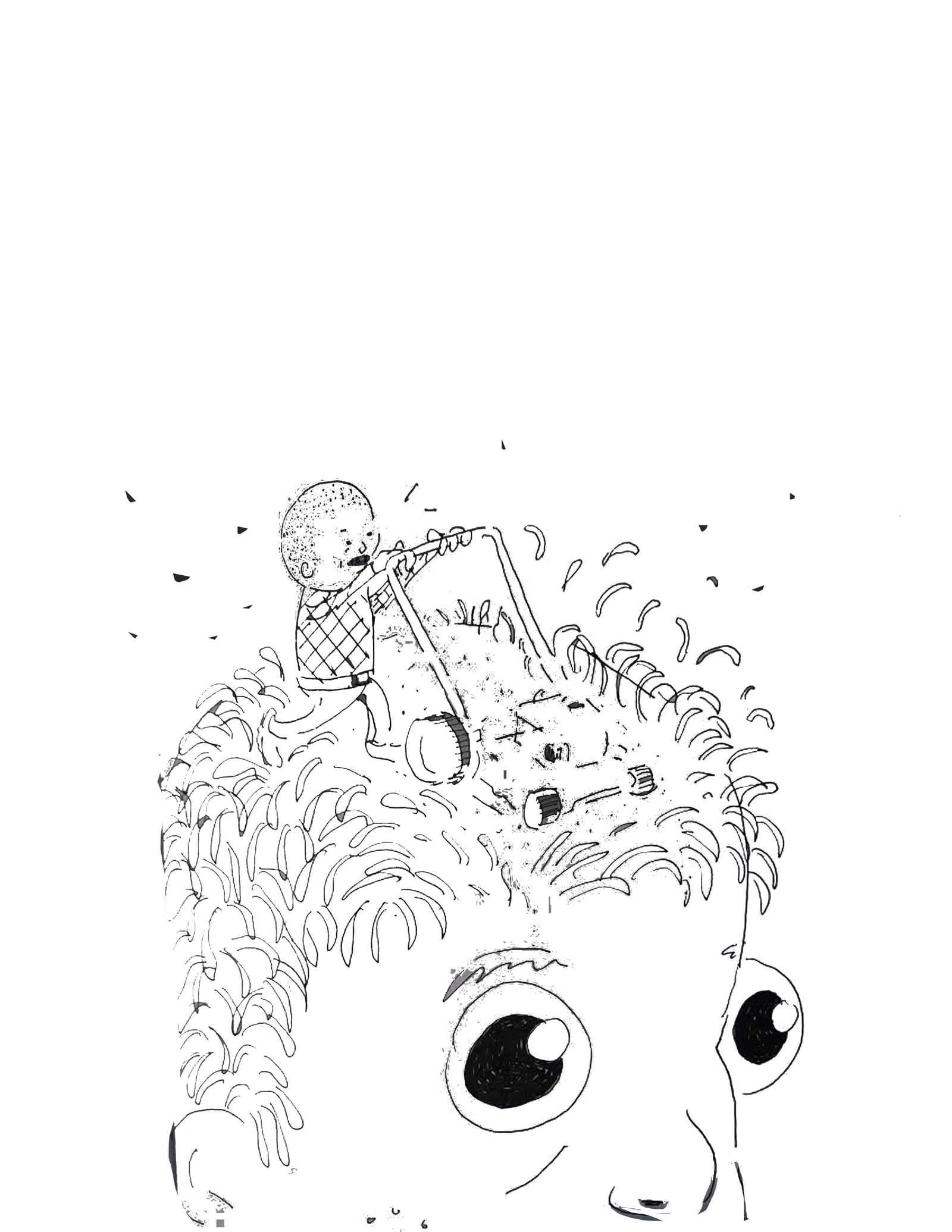 Ink illustration of a tiny person mowing a giant character's wild hair