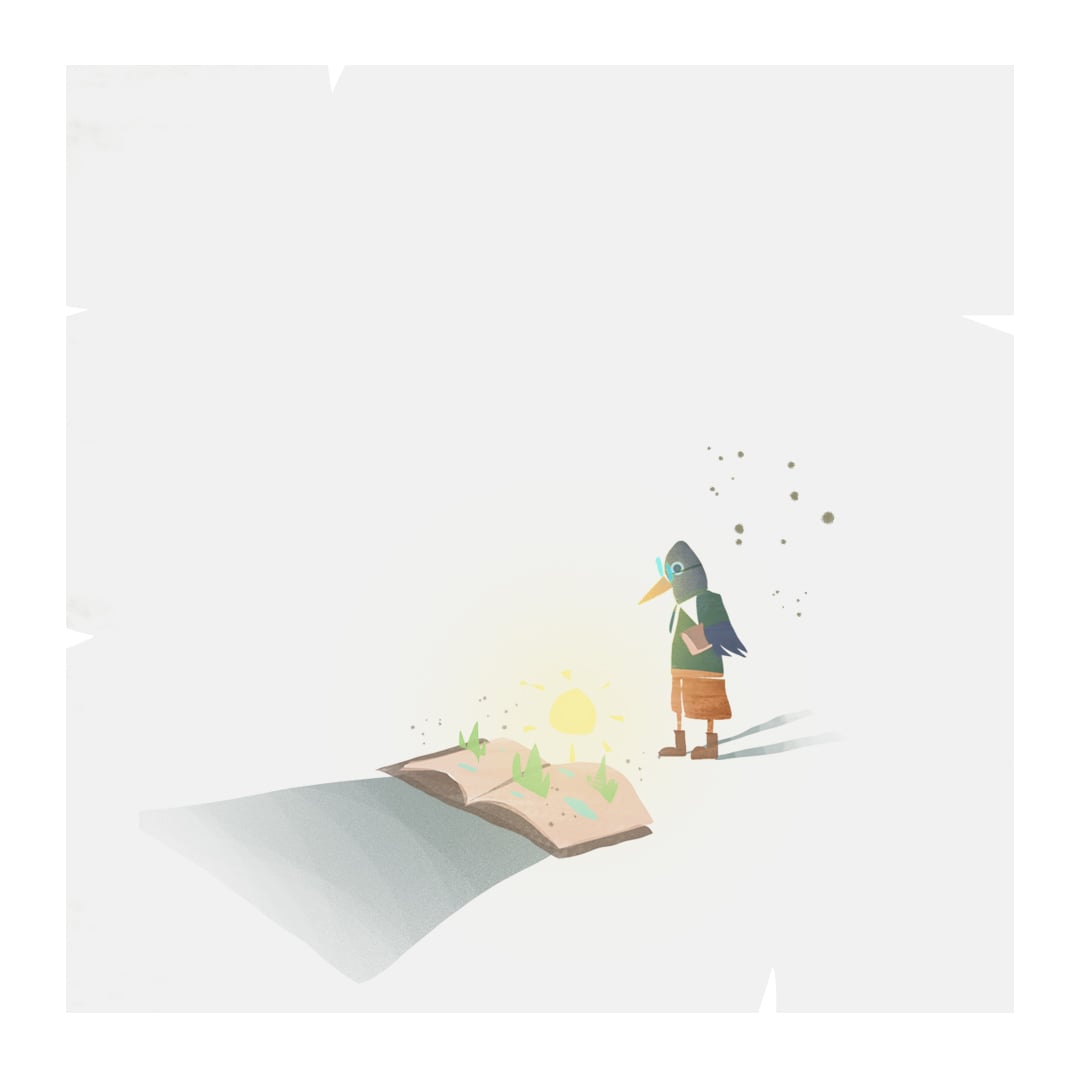 Illustration of an armored bird character reading a glowing book
