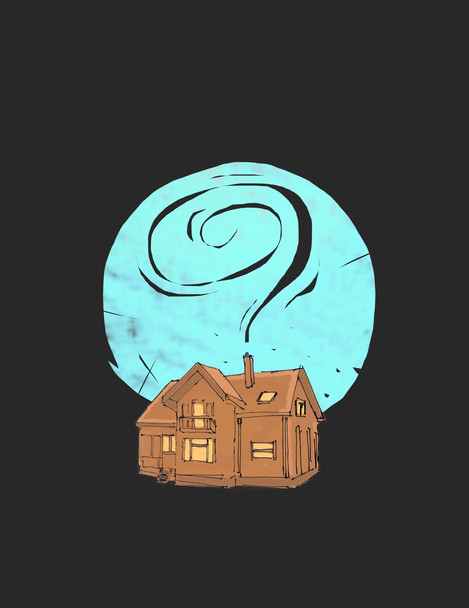 Illustration of a brown house at night under a swirling teal moon