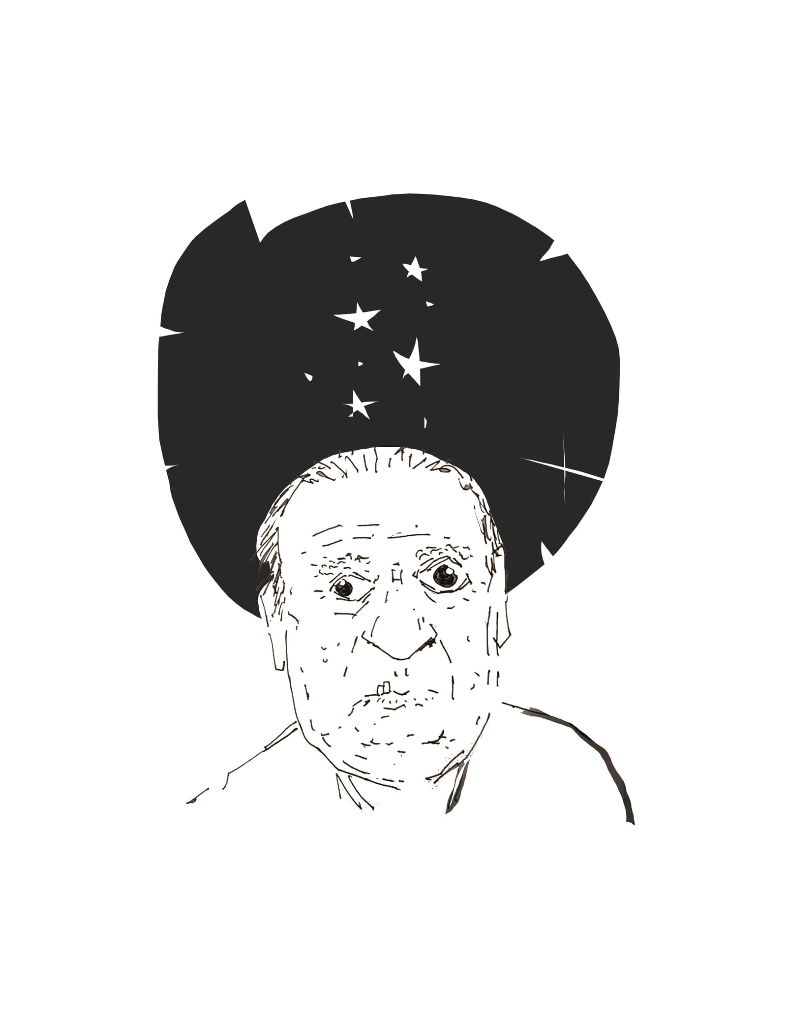 Ink portrait illustration of an elderly man's face under a starry sky