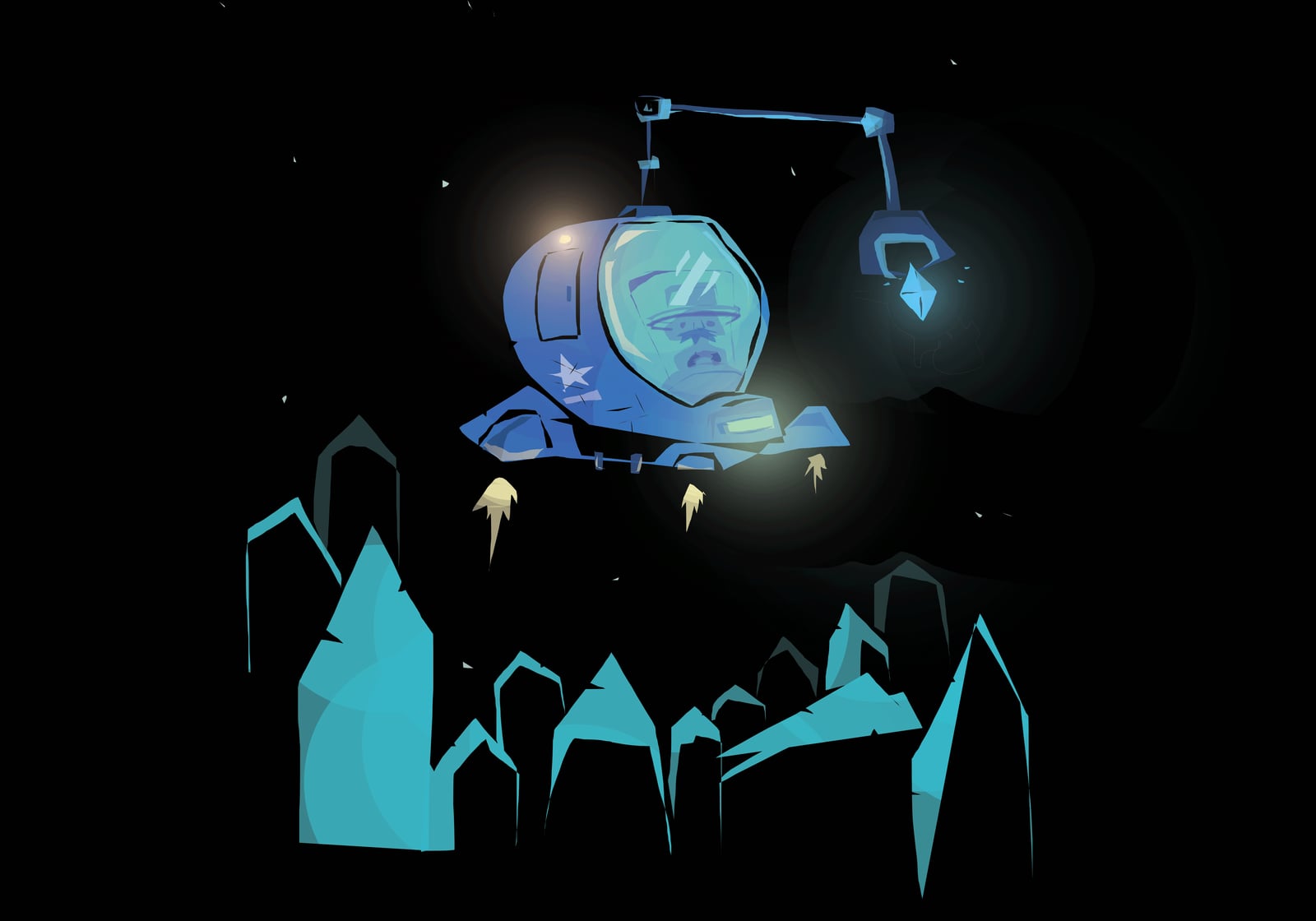 Sci-fi illustration of a spaceship hovering over glowing crystal spikes