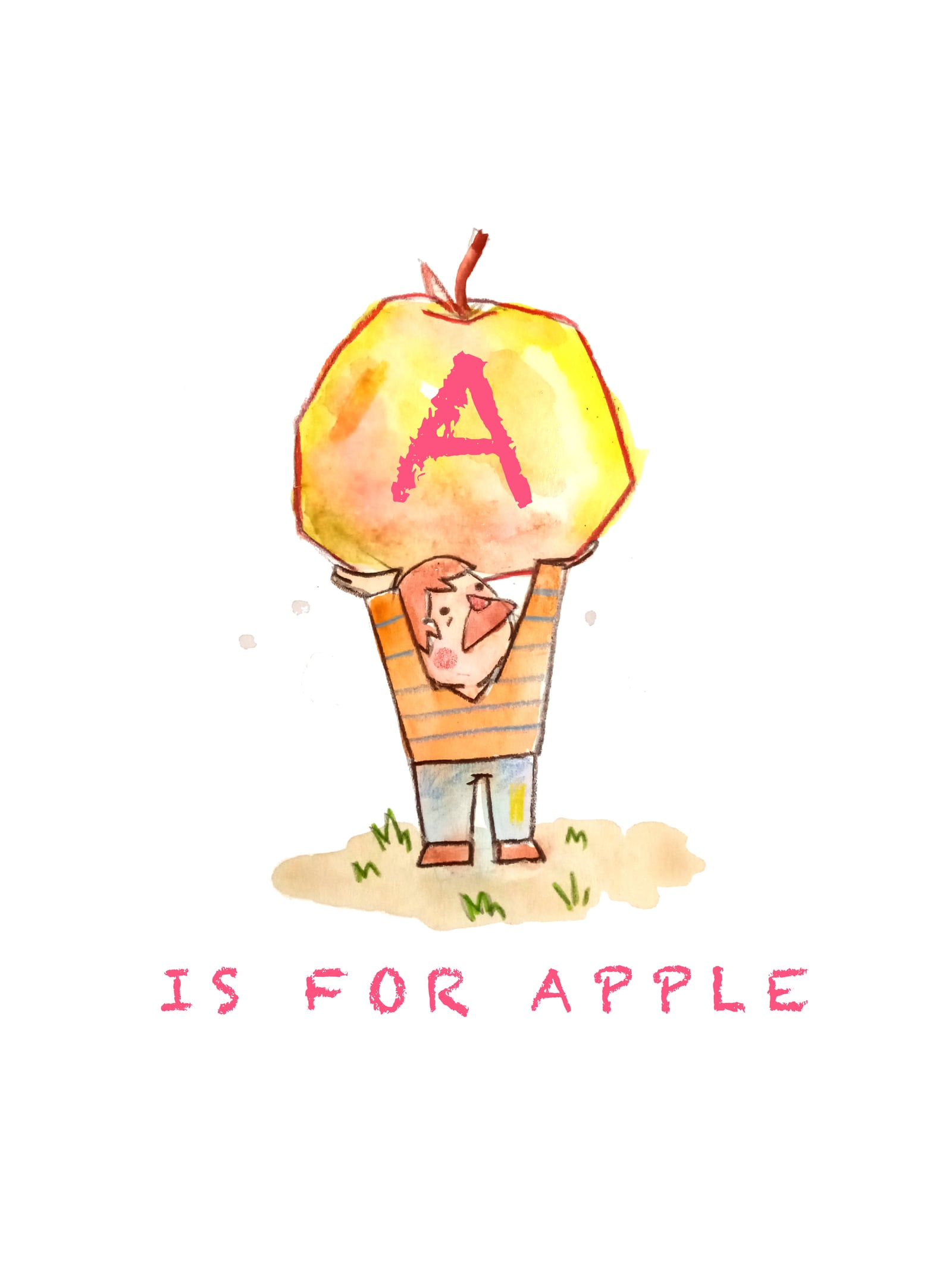 Watercolor illustration of a boy holding a giant apple labeled A
