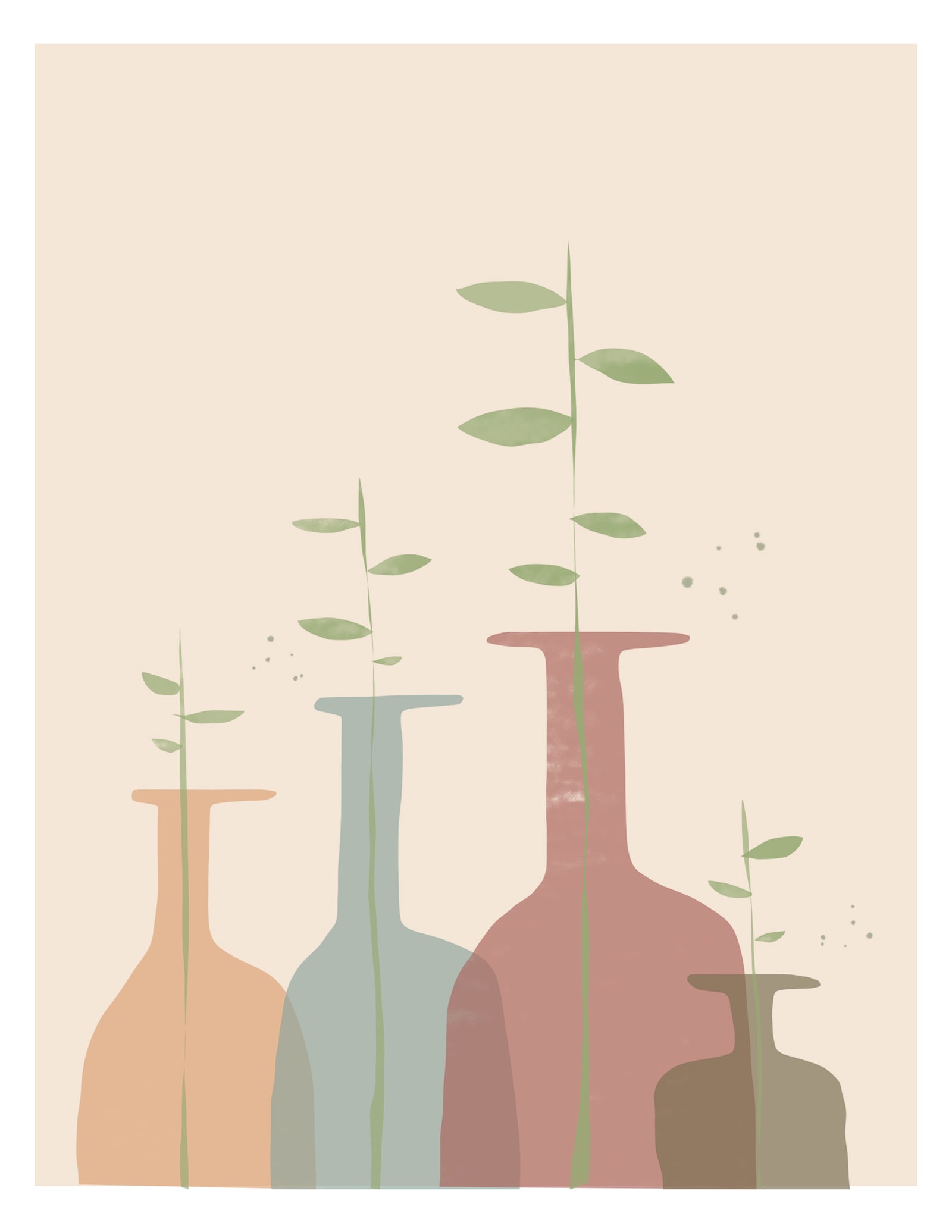 Flat illustration of four colored bottles with sprouting plants