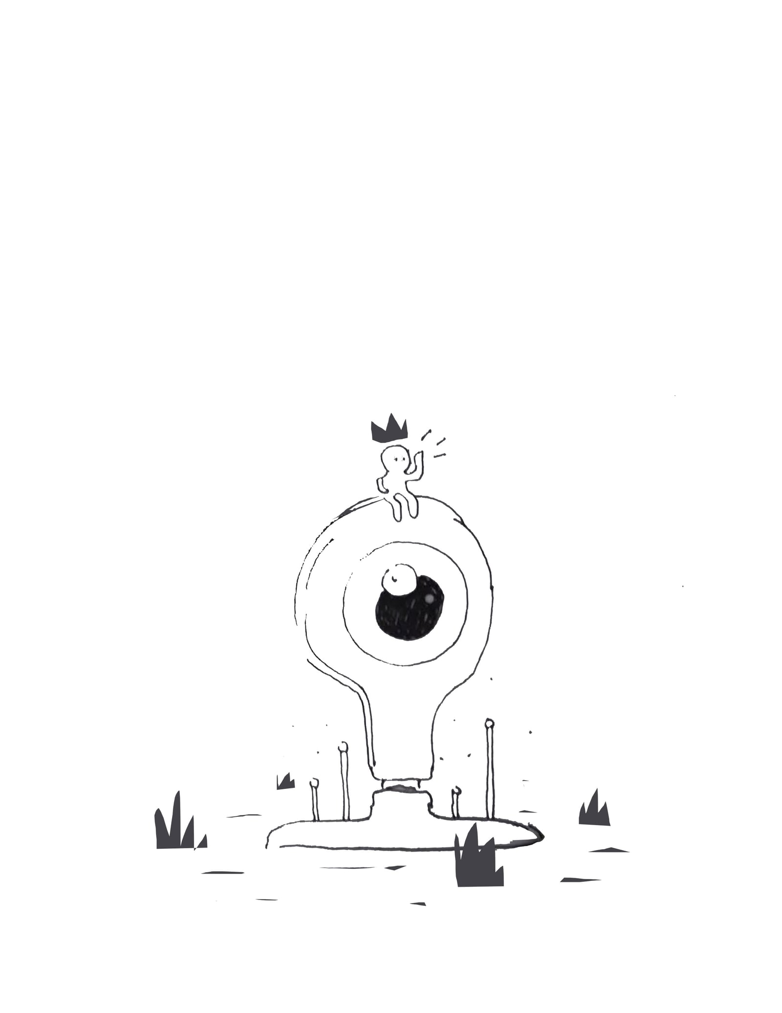 Ink illustration of a tiny crowned figure sitting atop a giant eyeball structure