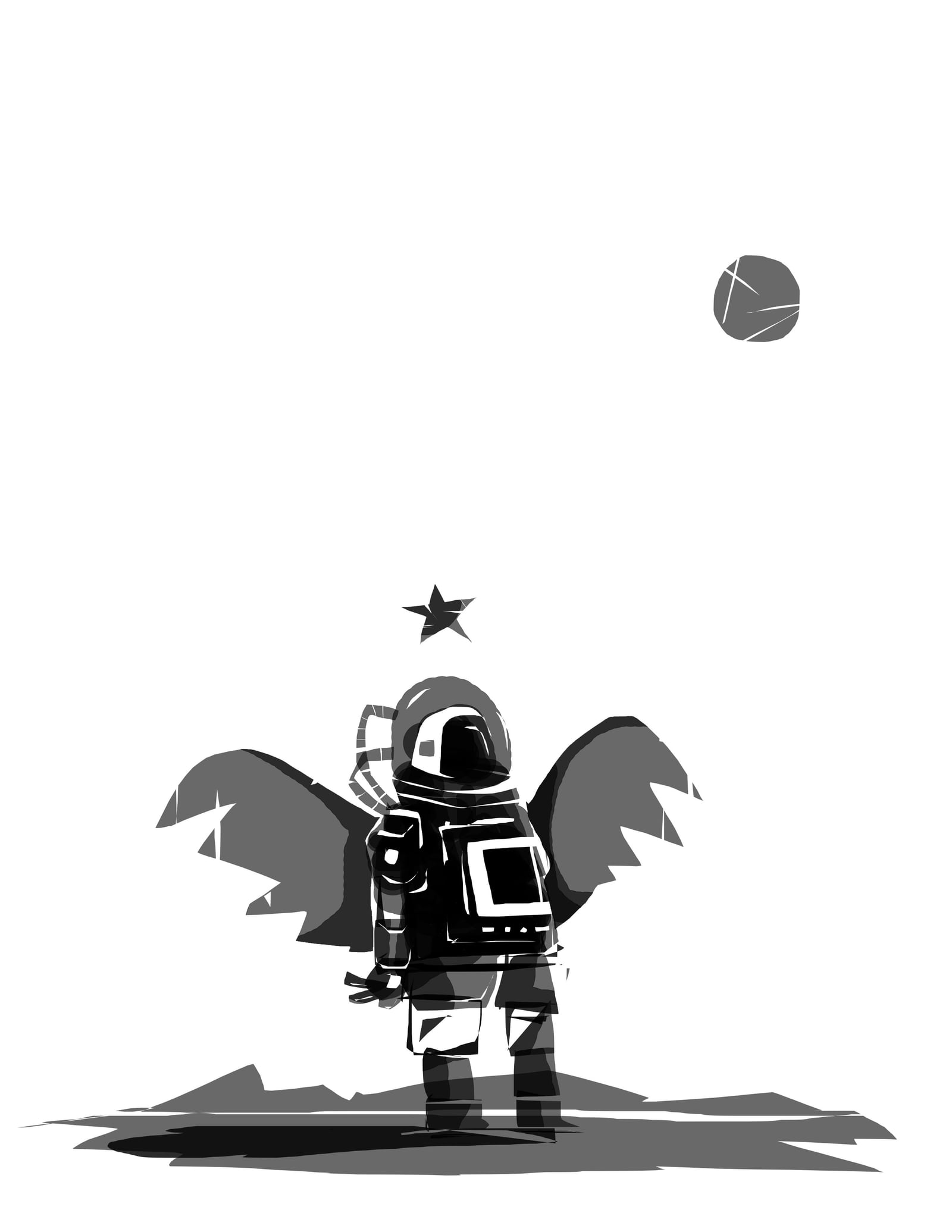 Grayscale illustration of a winged astronaut standing beneath a star and planet