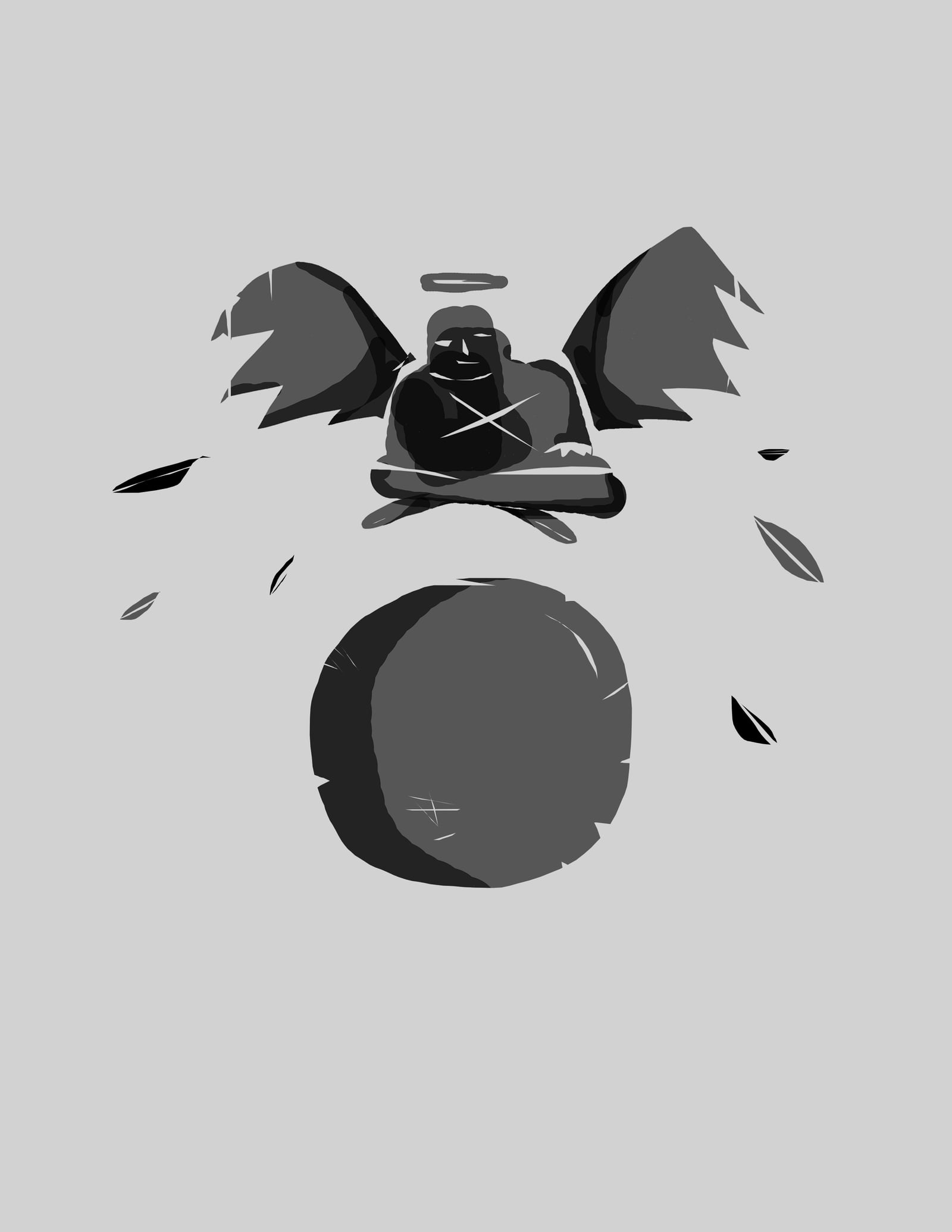 Grayscale illustration of a winged meditating figure with a halo above a dark sphere