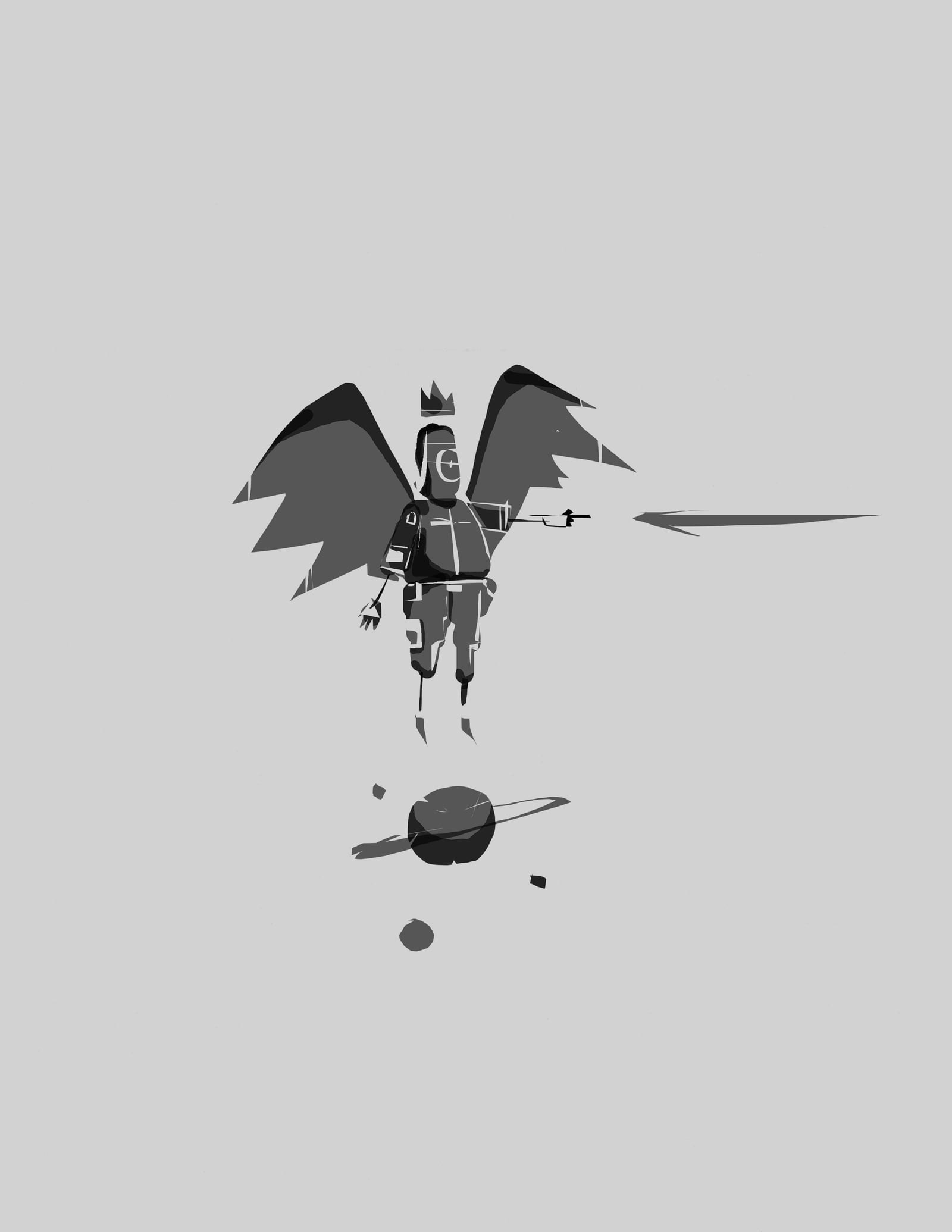 Grayscale illustration of a winged crowned astronaut floating above a ringed planet