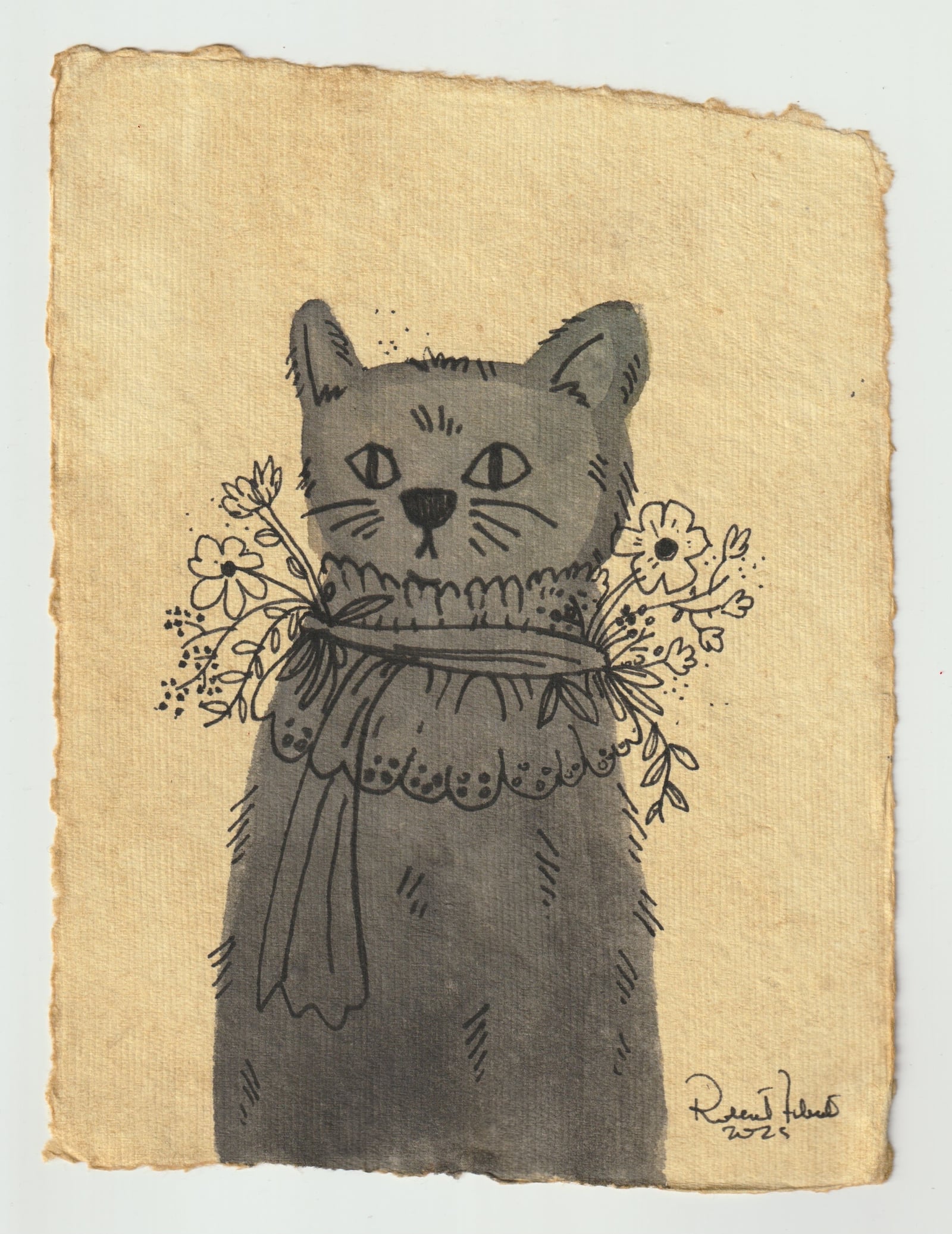 Ink illustration of a cat wearing a floral scarf