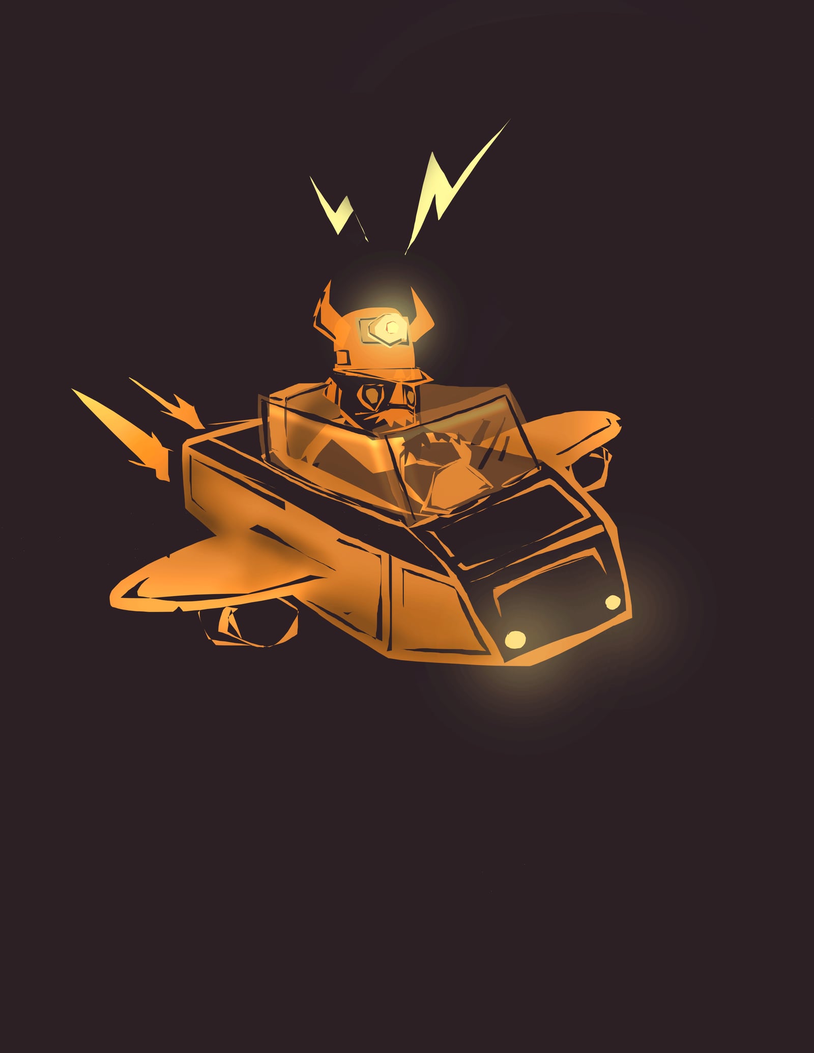 Illustration of a helmeted pilot in a glowing orange flying vehicle